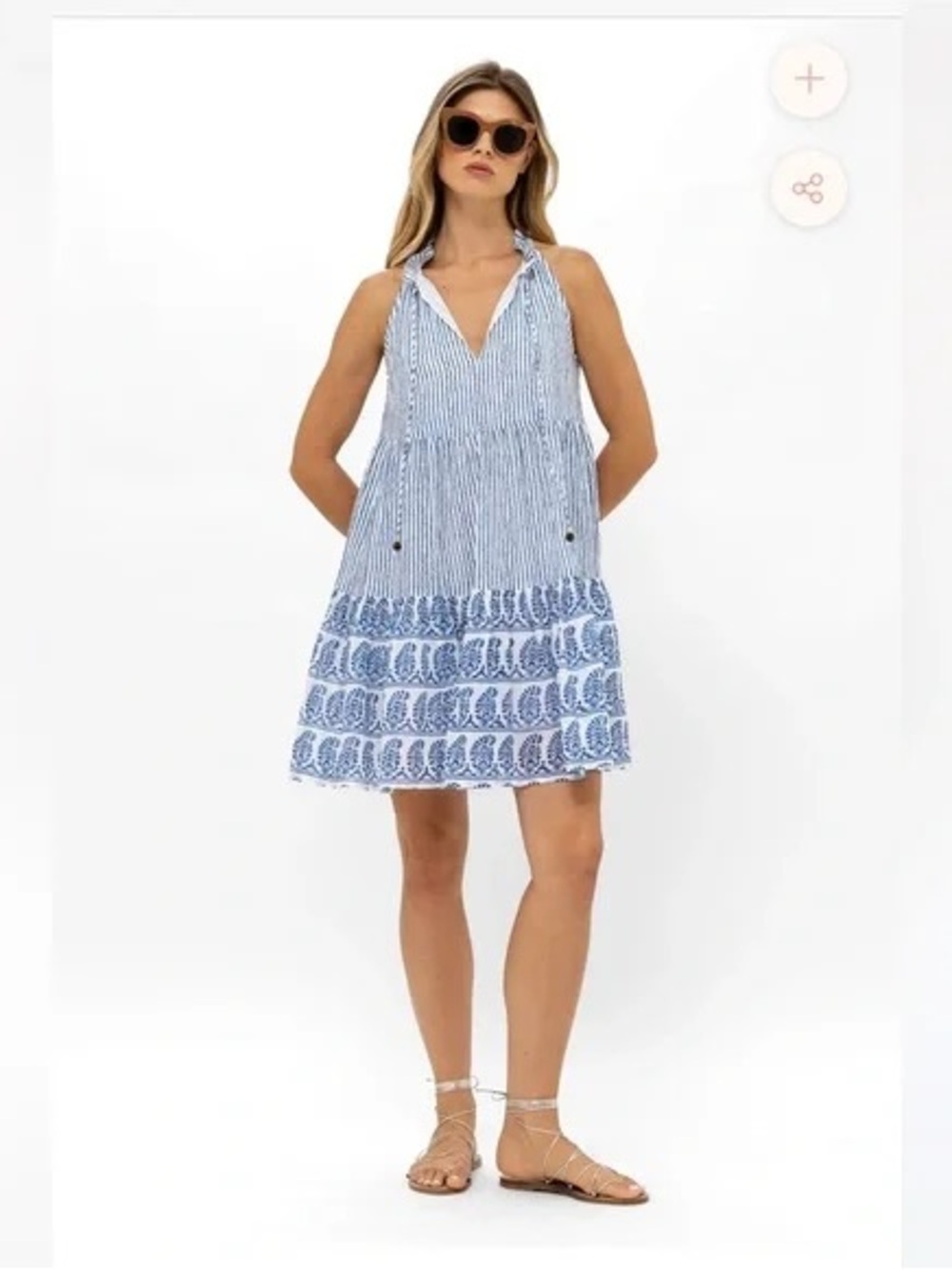 Oliphant Blue & White Halter Tiered Paisley Mini Dress
